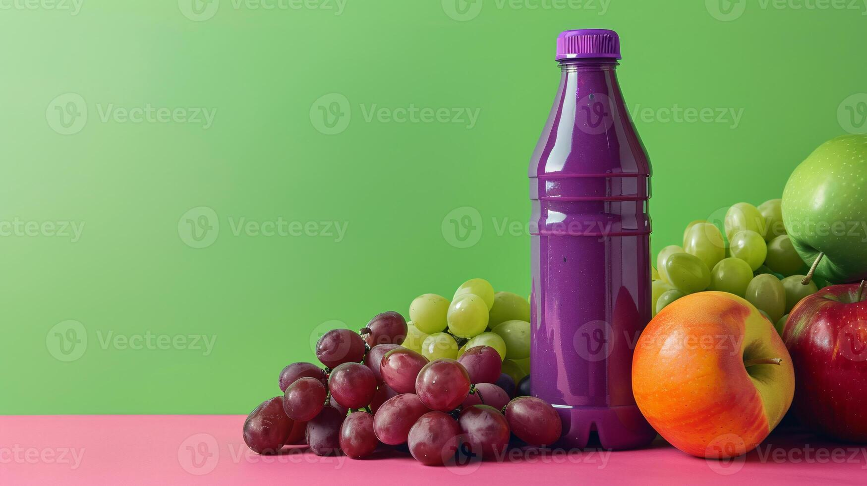 a glass bottle of colorful Fruit smoothie against a solid color background photo