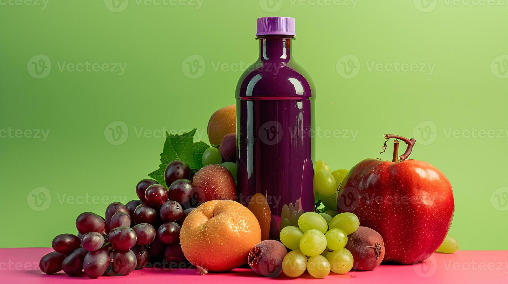 a glass bottle of colorful Fruit smoothie against a solid color background photo