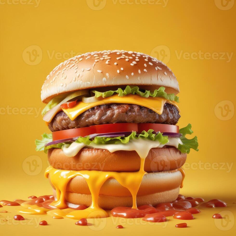 Delicious burger with many ingredients isolated on a yellow background Tasty cheeseburger splash sauce photo