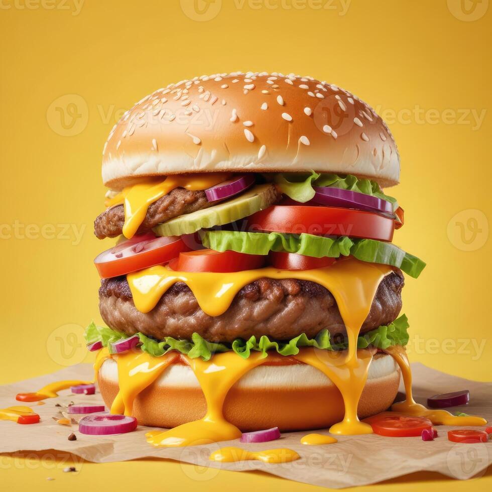 Delicious burger with many ingredients isolated on a yellow background Tasty cheeseburger splash sauce photo