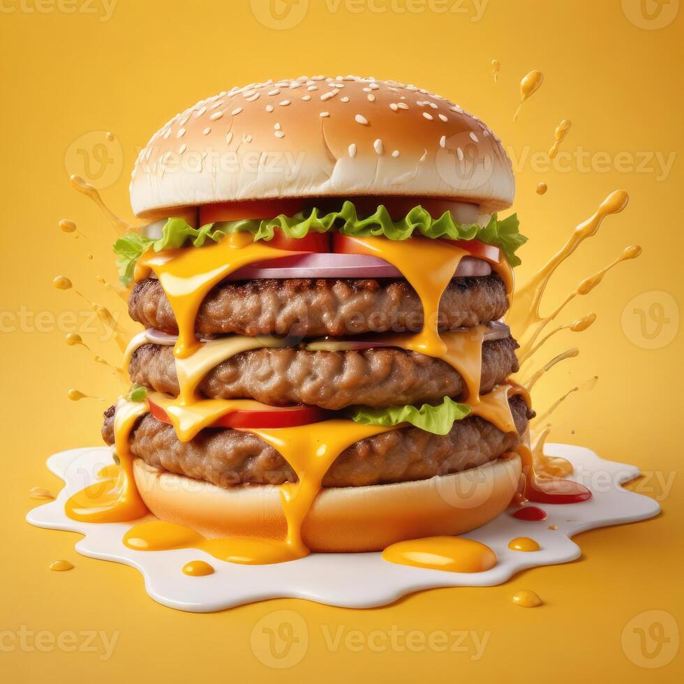 Delicious burger with many ingredients isolated on a yellow background Tasty cheeseburger splash sauce photo
