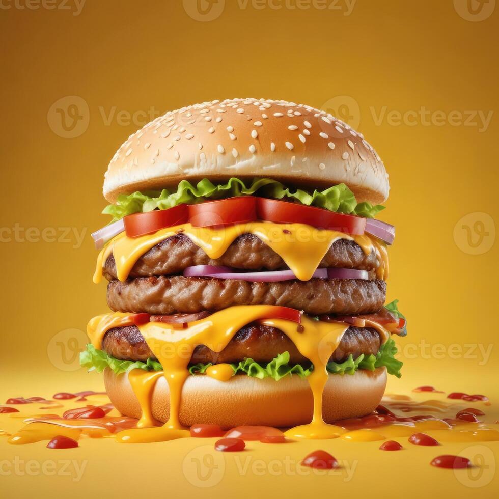 Delicious burger with many ingredients isolated on a yellow background Tasty cheeseburger splash sauce photo