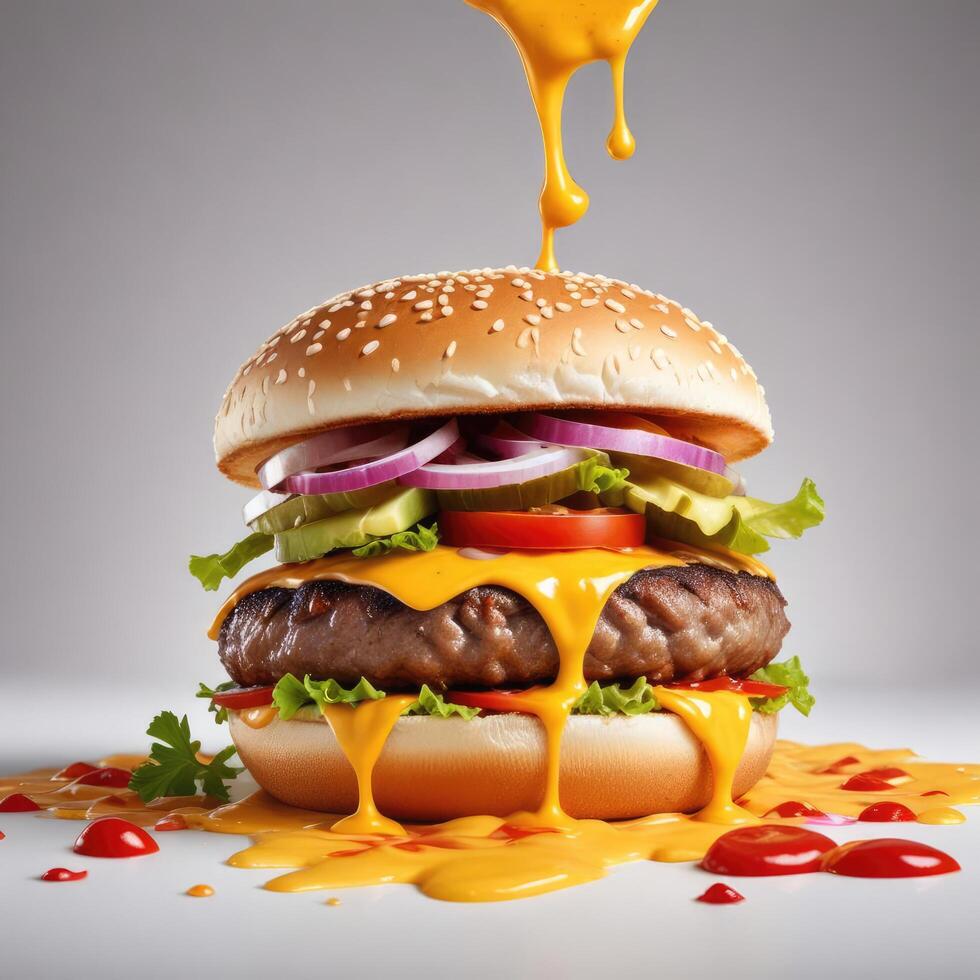 Delicious burger with many ingredients isolated on white background Tasty cheeseburger splash sauce photo