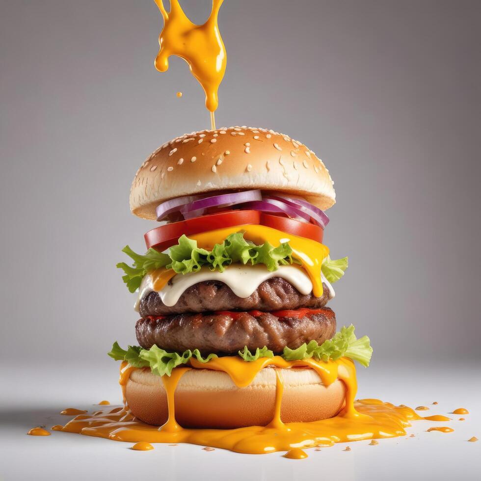 Delicious burger with many ingredients isolated on white background Tasty cheeseburger splash sauce photo