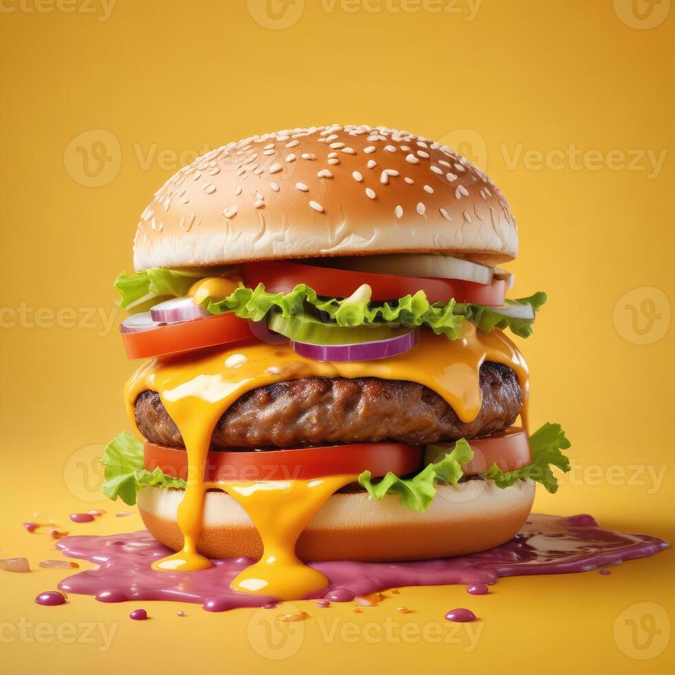 Delicious burger with many ingredients isolated on a yellow background Tasty cheeseburger splash sauce photo