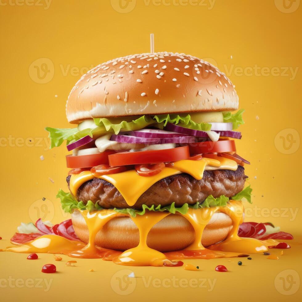 Delicious burger with many ingredients isolated on a yellow background Tasty cheeseburger splash sauce photo