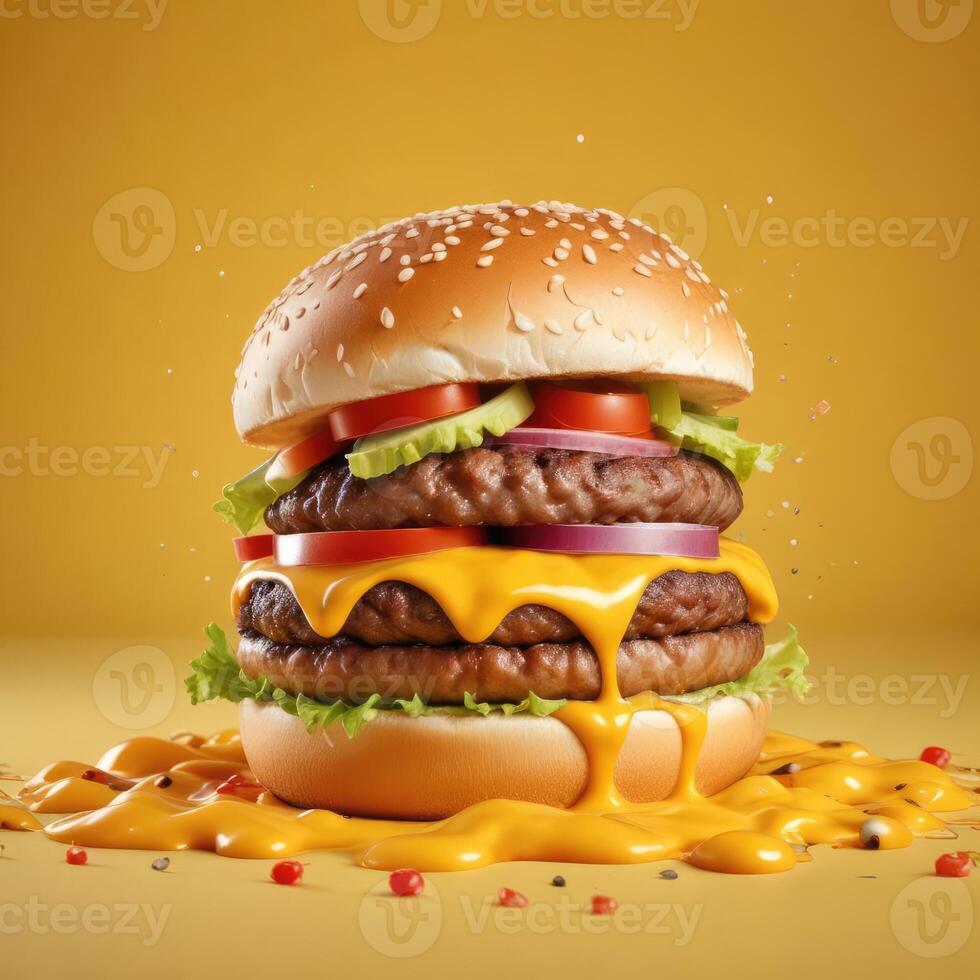 Delicious burger with many ingredients isolated on a yellow background Tasty cheeseburger splash sauce photo