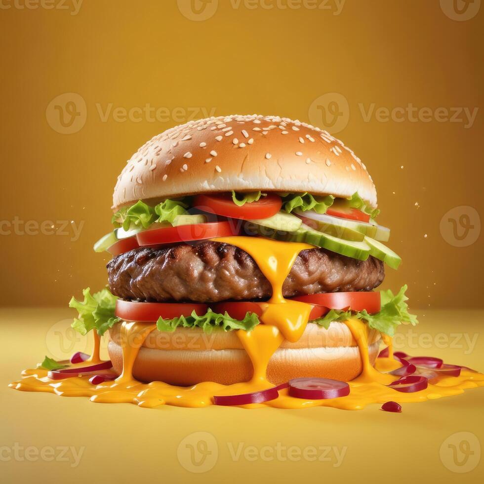 Delicious burger with many ingredients isolated on a yellow background Tasty cheeseburger splash sauce photo