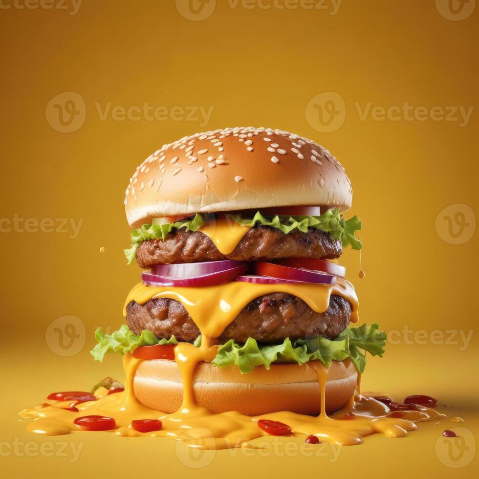 Delicious burger with many ingredients isolated on a yellow background Tasty cheeseburger splash sauce photo