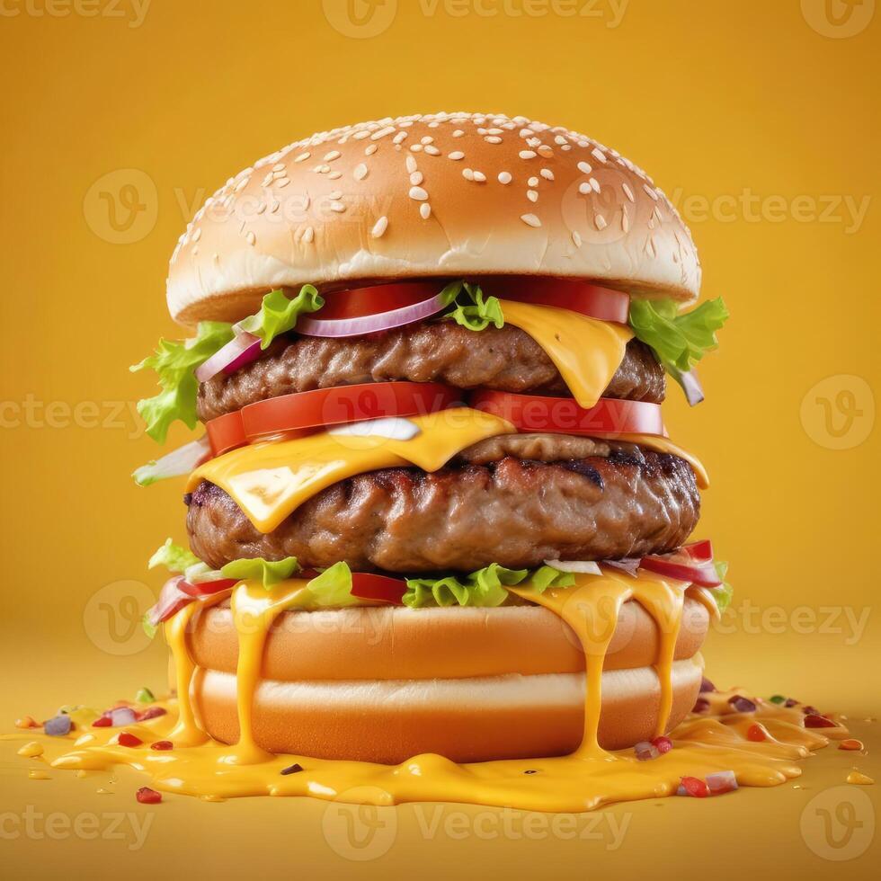 Delicious burger with many ingredients isolated on a yellow background Tasty cheeseburger splash sauce photo