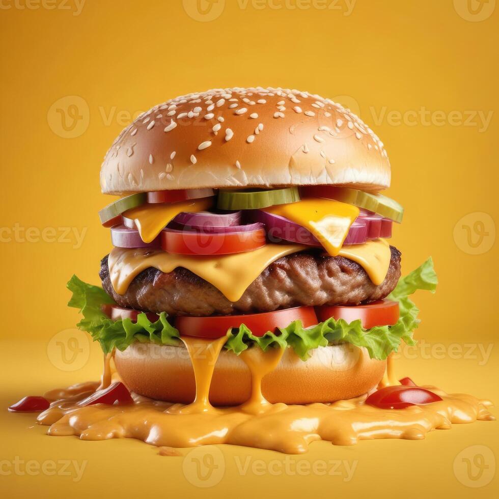Delicious burger with many ingredients isolated on a yellow background Tasty cheeseburger splash sauce photo