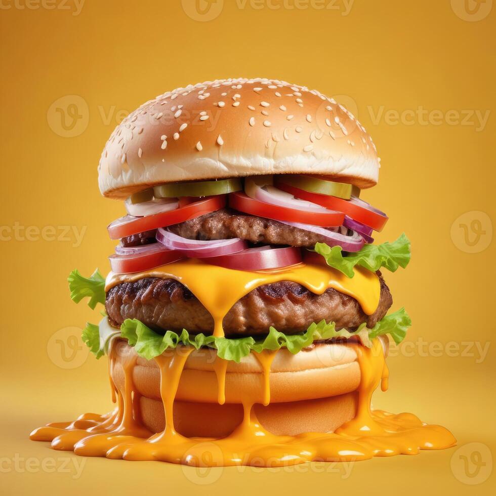 Delicious burger with many ingredients isolated on a yellow background Tasty cheeseburger splash sauce photo