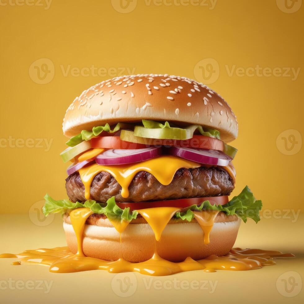 Delicious burger with many ingredients isolated on a yellow background Tasty cheeseburger splash sauce photo