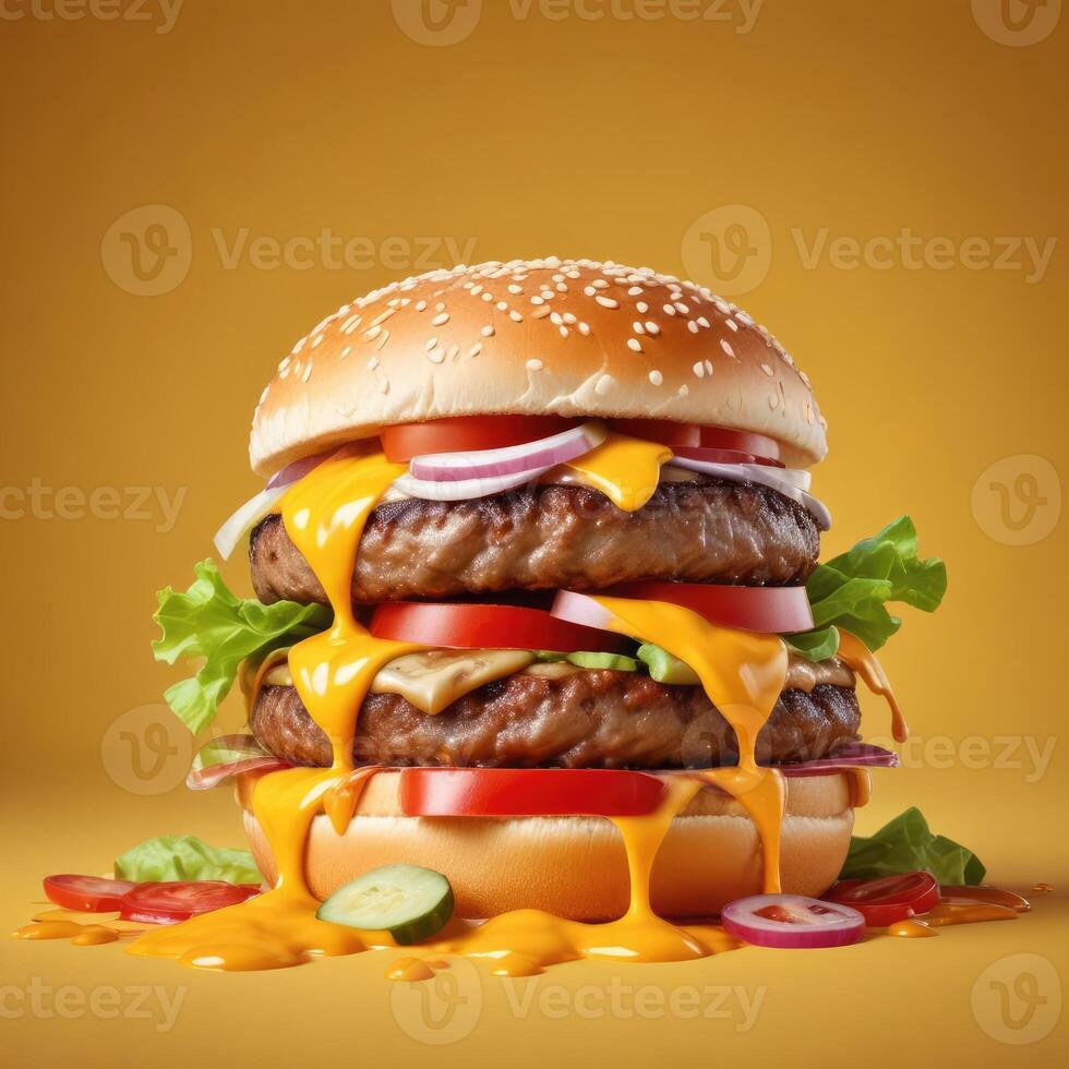 Delicious burger with many ingredients isolated on a yellow background Tasty cheeseburger splash sauce photo