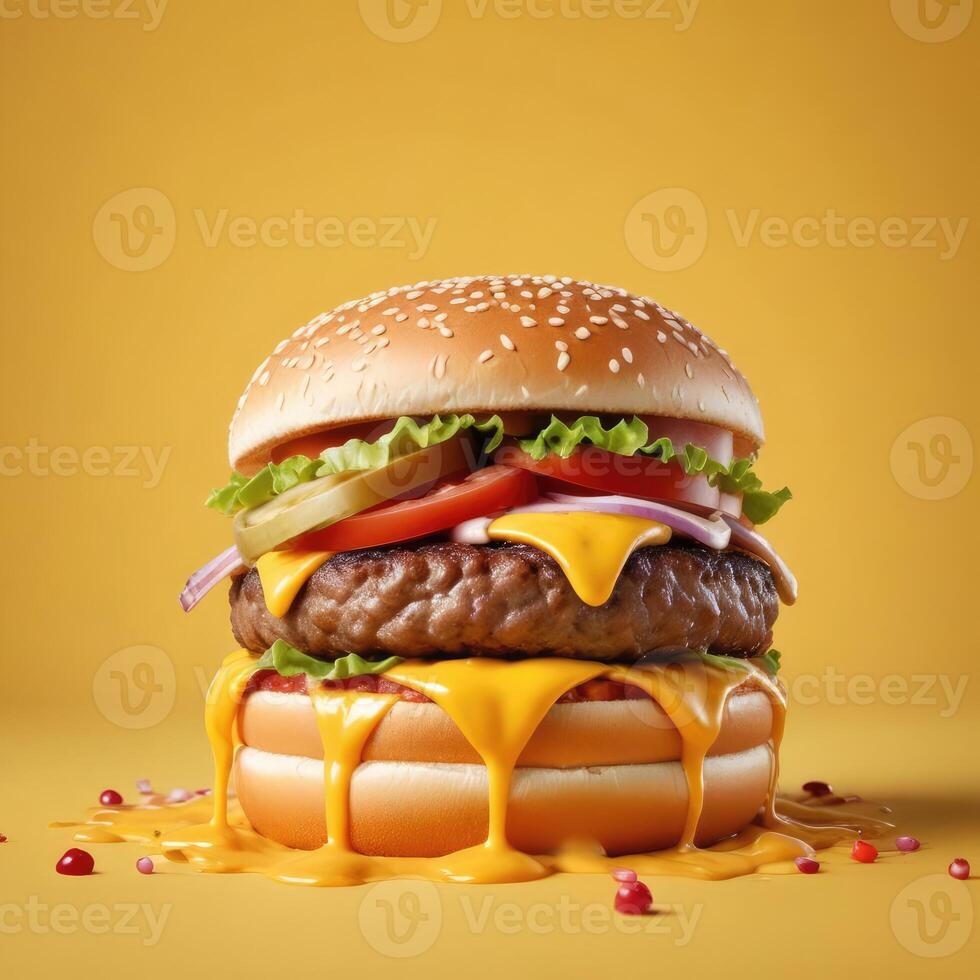 Delicious burger with many ingredients isolated on a yellow background Tasty cheeseburger splash sauce photo