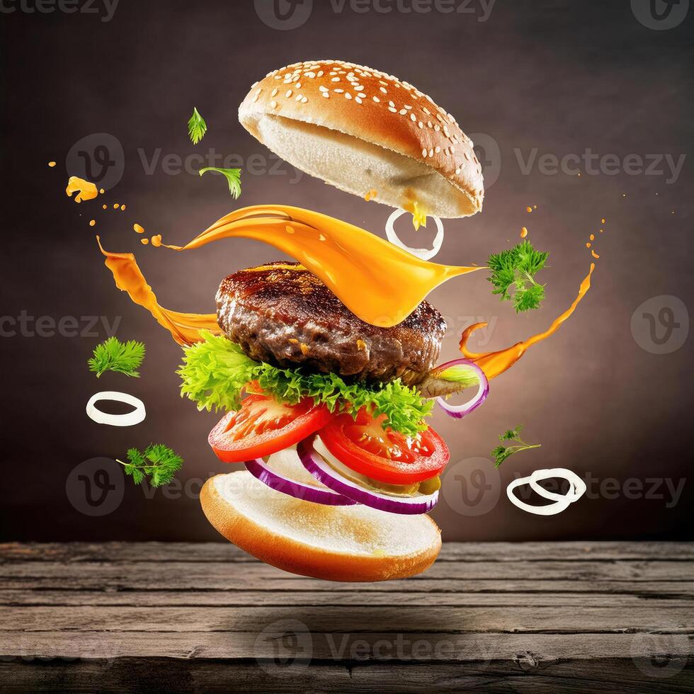 Burger with flying elements in the colorful background for banner photo
