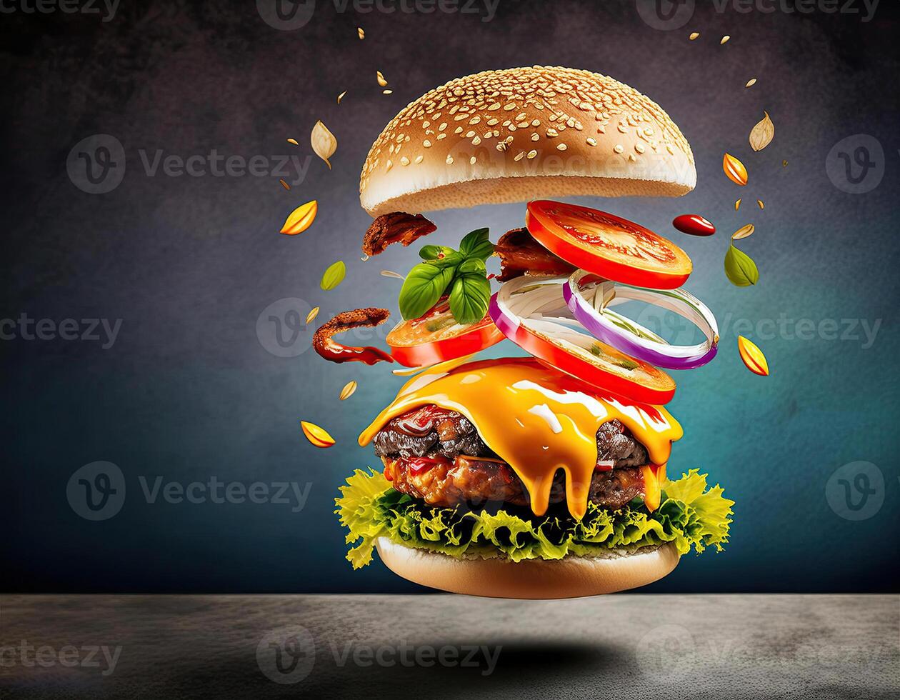Burger with flying elements in the colorful background for banner photo
