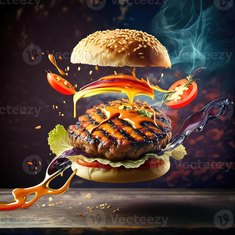 Burger with flying elements in the colorful background for banner photo