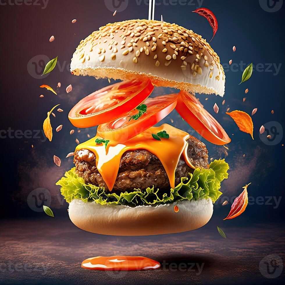 hamburguesa con volador elementos en el vistoso antecedentes para bandera foto