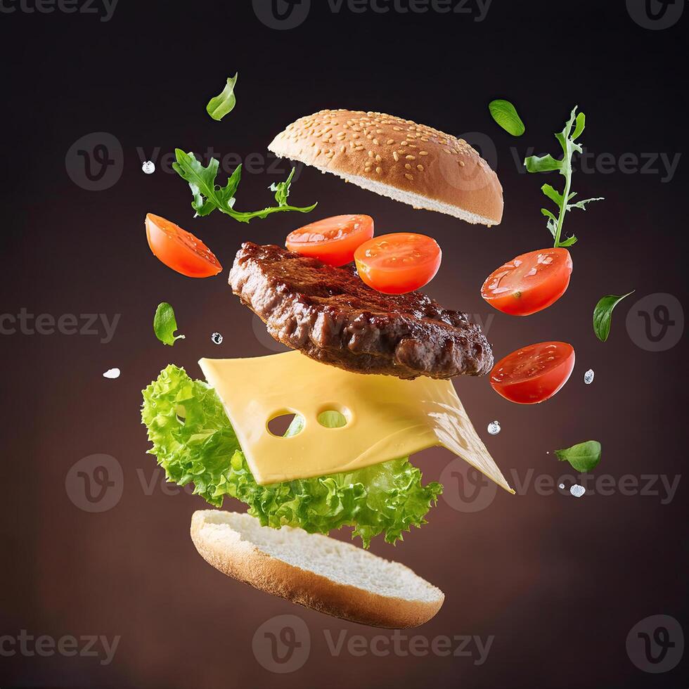 Burger with flying elements in the colorful background for banner photo