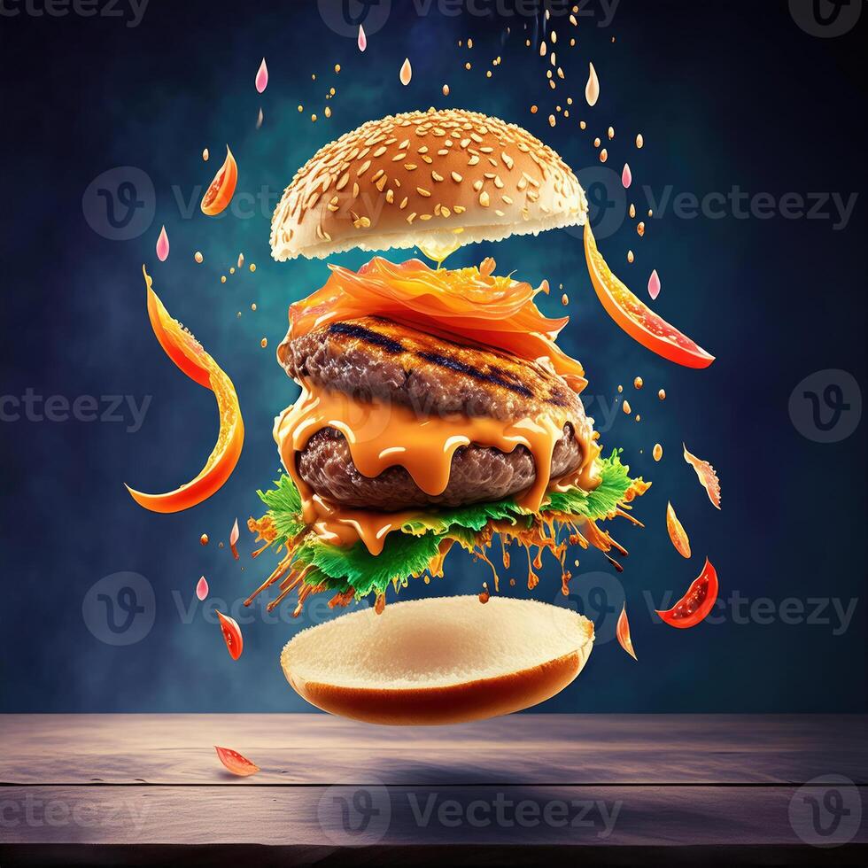 Burger with flying elements in the colorful background for banner photo