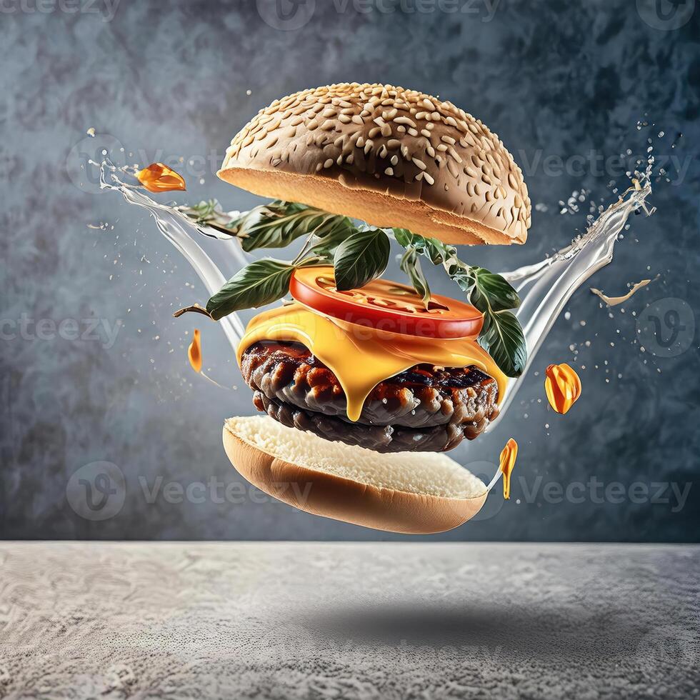 Burger with flying elements in the colorful background for banner photo