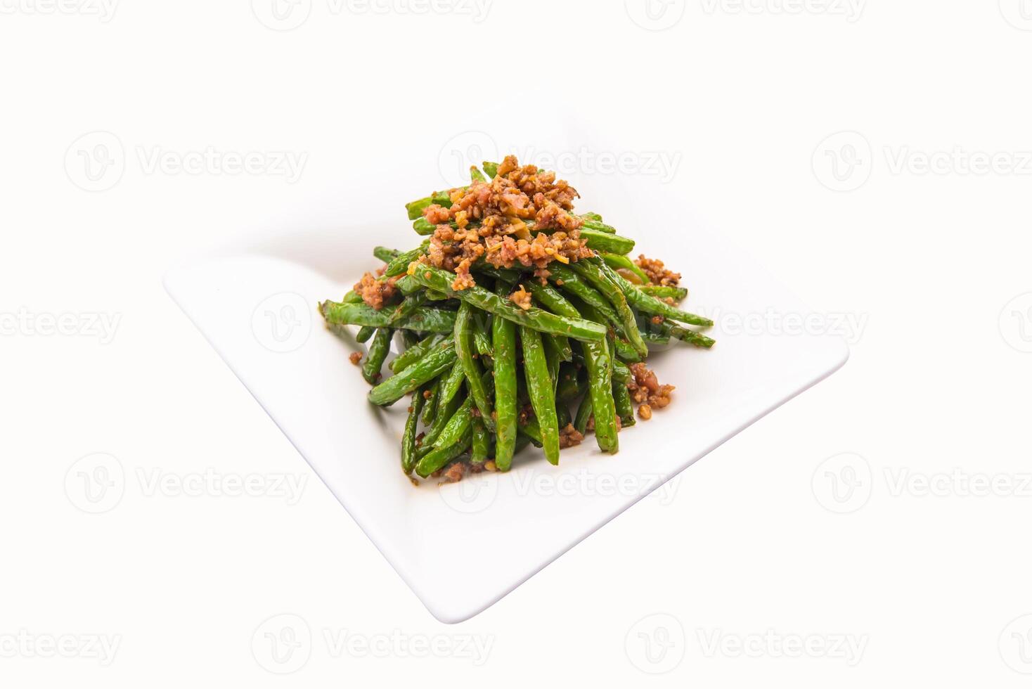 Sauteed String Beans with garlic paste served in plate isolated on grey background side view of hong kong food photo
