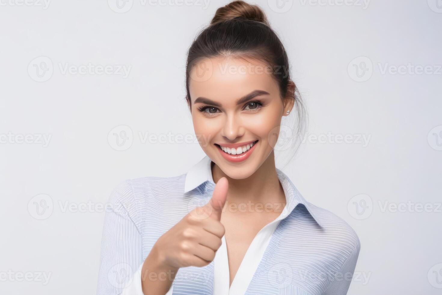 Portrait beautiful brunette model woman with with thumbs up on light background. photo