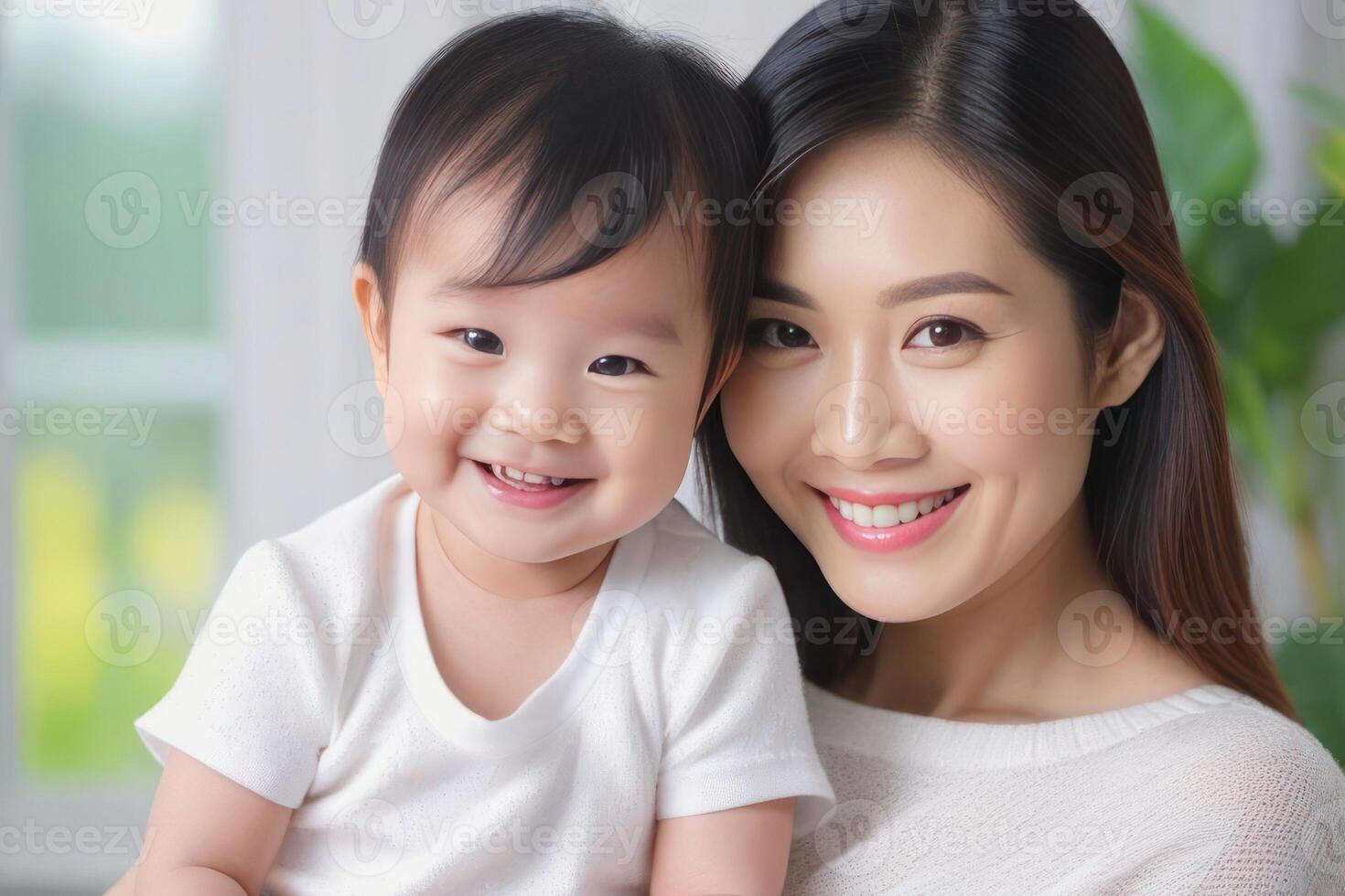 Beautiful young smiling asian mom hugs happy baby. Concept of family love and happiness. photo