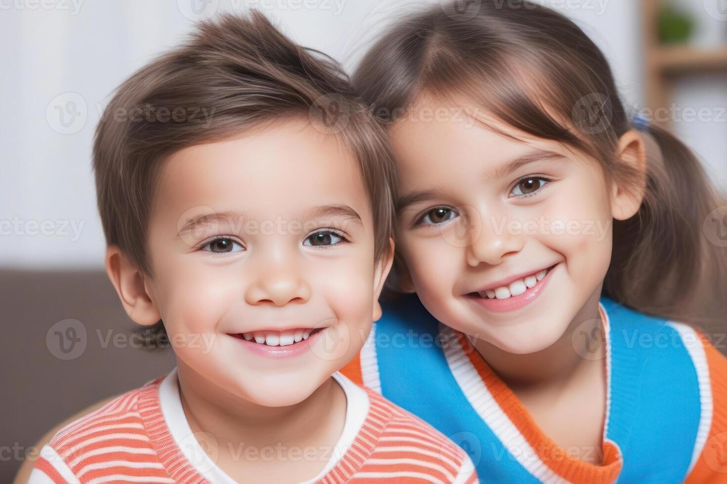 Happy young kids boy and girl smiling. Concept of children's friendship, happiness, family, kindness. photo