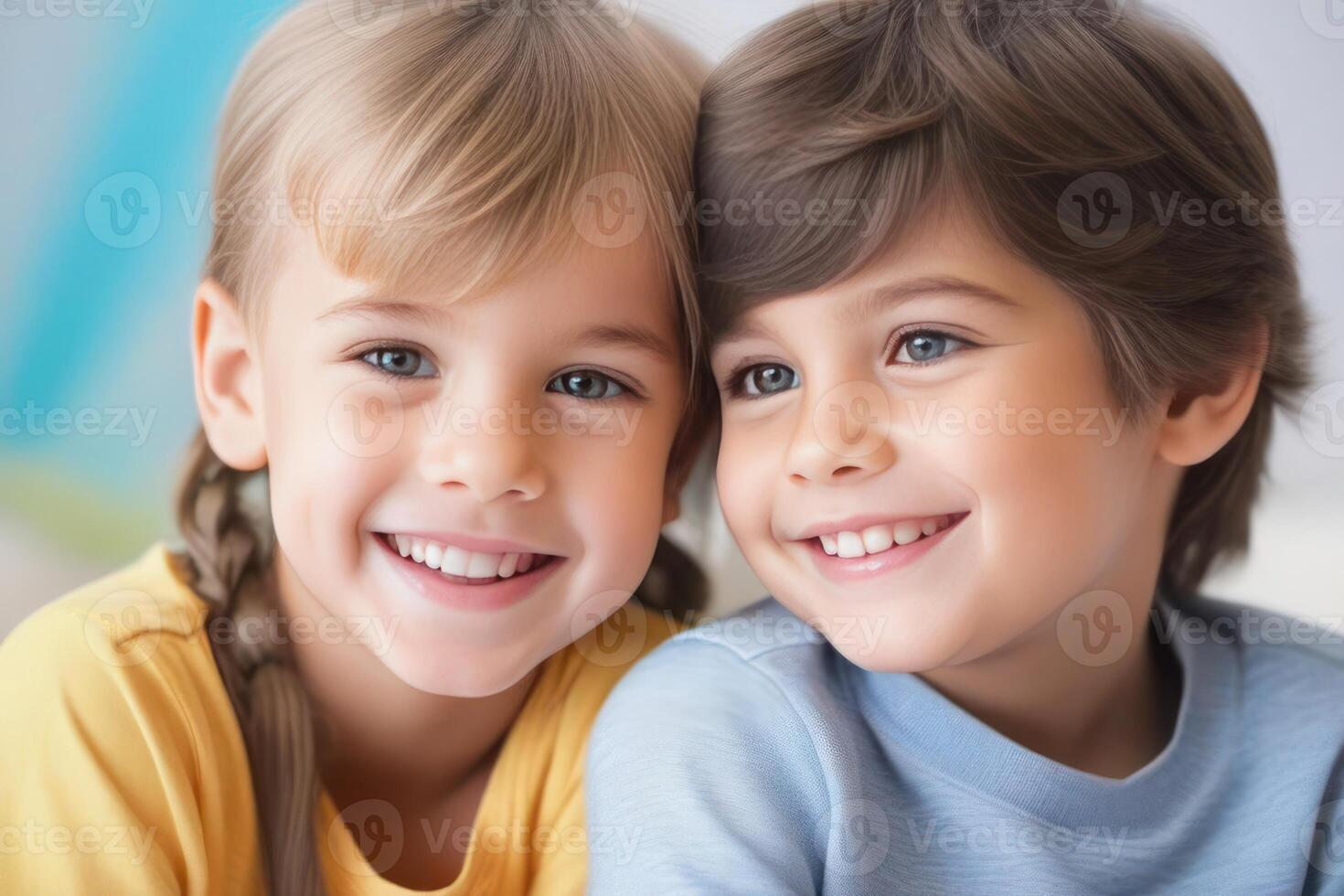 Happy young kids boy and girl smiling. Concept of children's friendship, happiness, family, kindness. photo