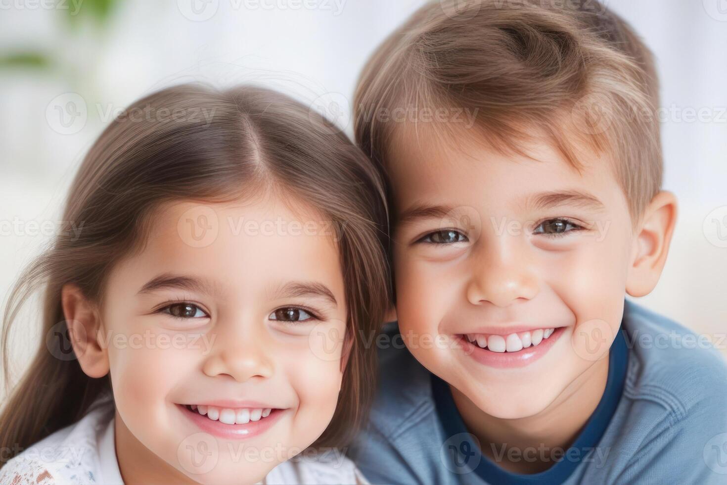 Happy young kids boy and girl smiling. Concept of children's friendship, happiness, family, kindness. photo