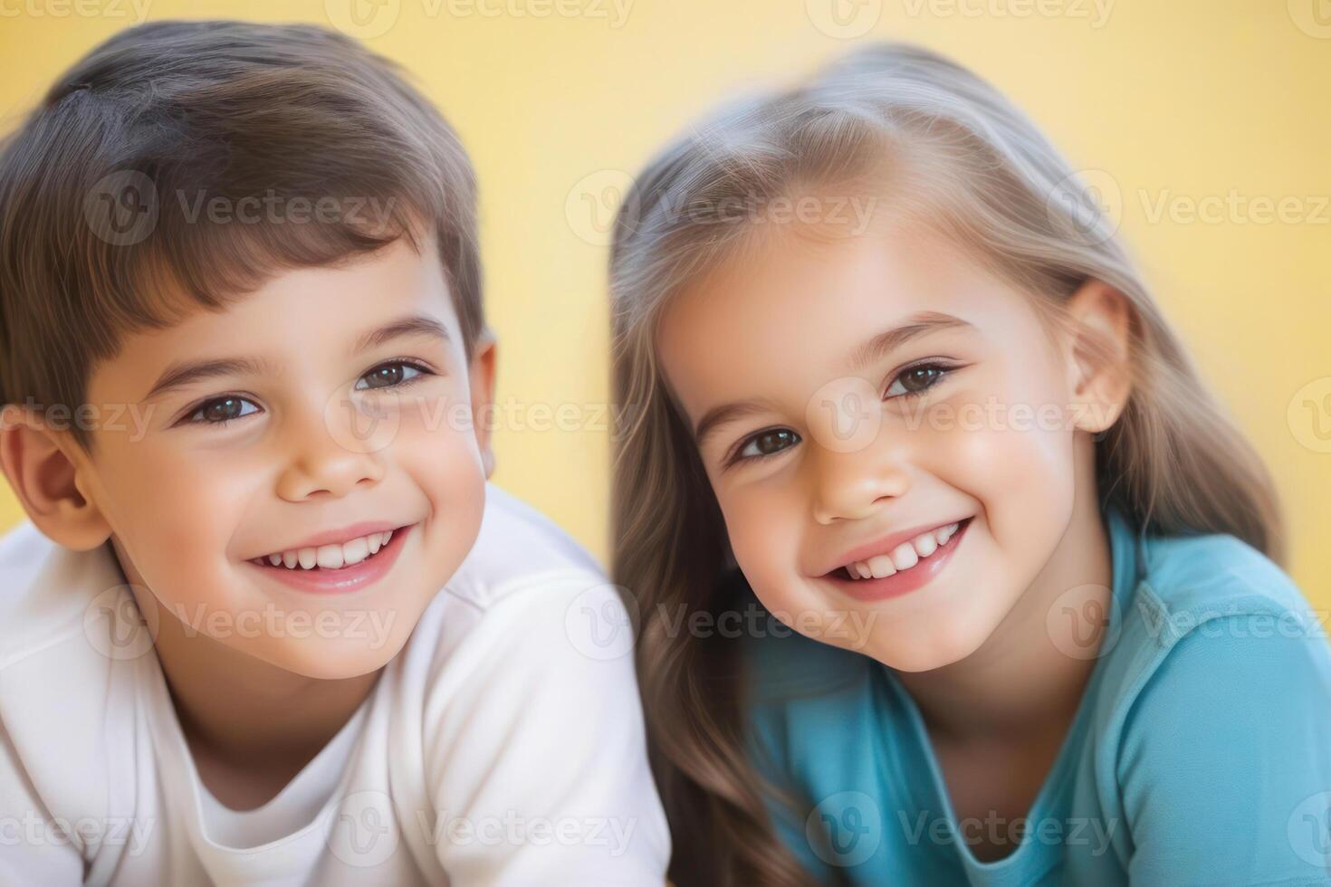 Happy young kids boy and girl smiling. Concept of children's friendship, happiness, family, kindness. photo