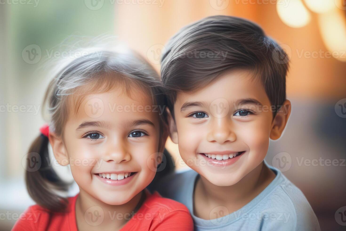 Happy young kids boy and girl smiling. Concept of children's friendship, happiness, family, kindness. photo