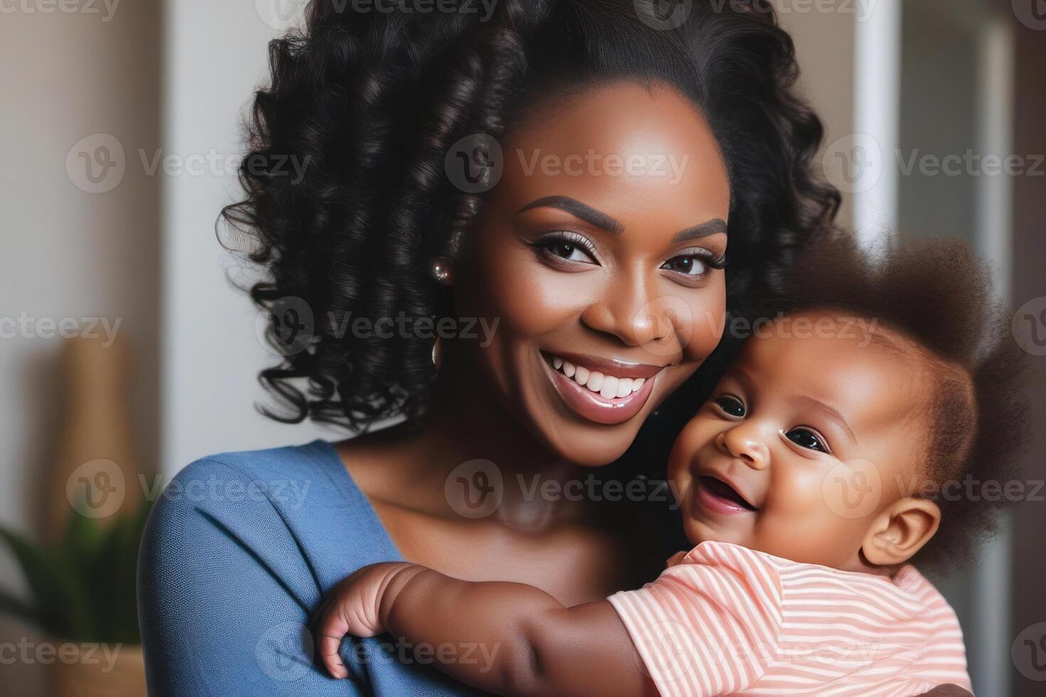 Beautiful young smiling black skin mom hugs happy baby. Concept of family love and happiness. photo
