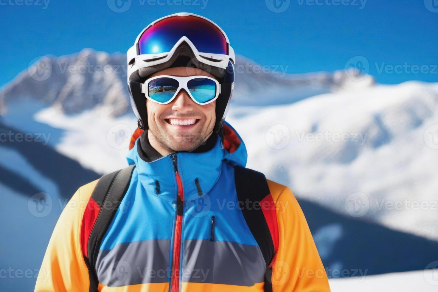 Portrait of a male skier on the mountain in sunny day. photo