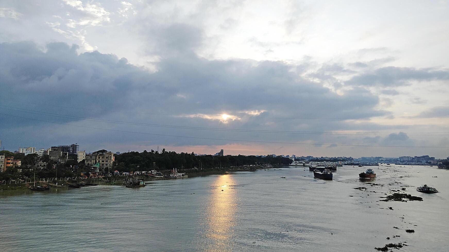 Beautiful scenery of colorful clouds reflecting in the river during sunset photo