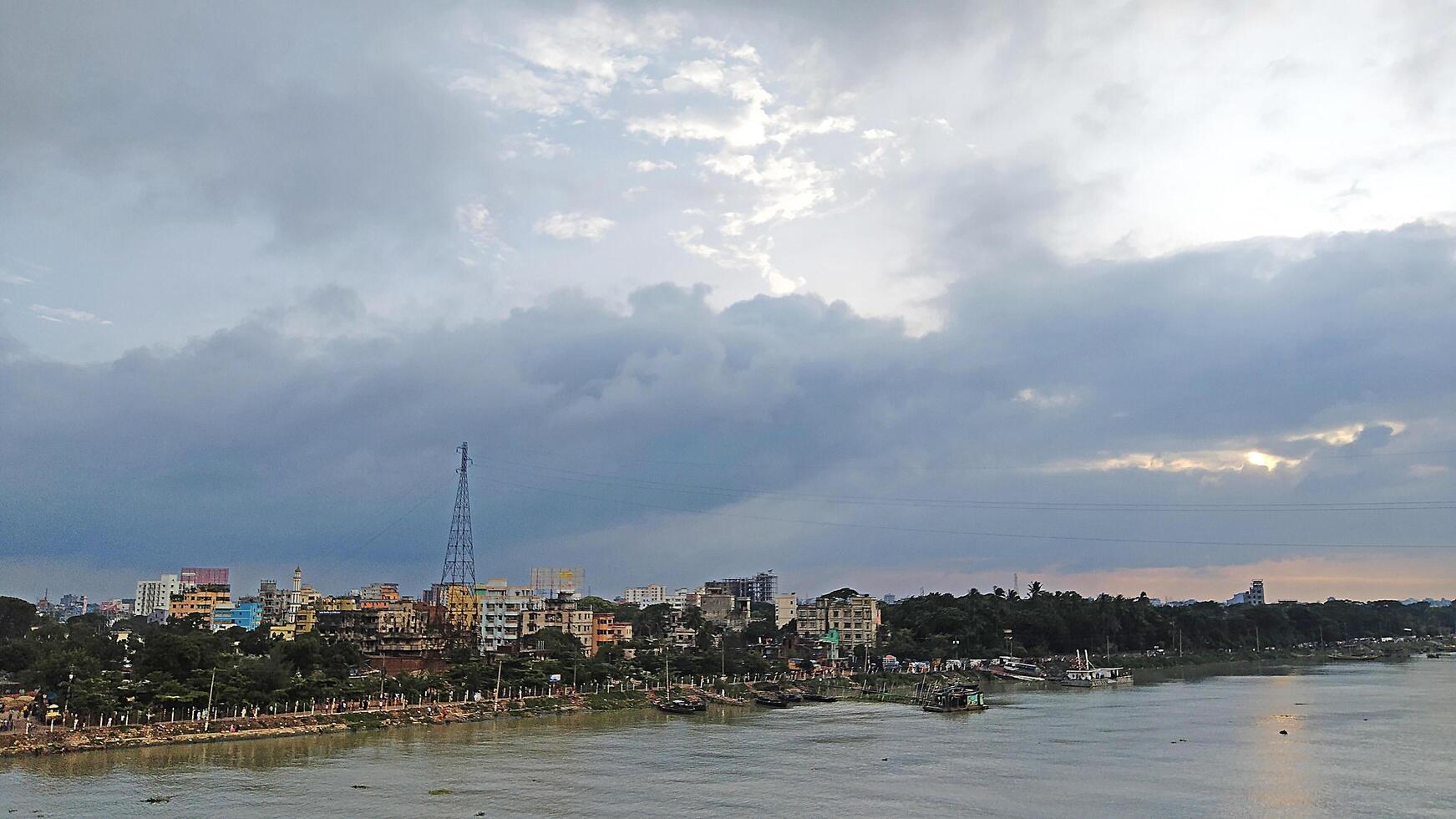 Beautiful scenery of colorful clouds reflecting in the river during sunset photo