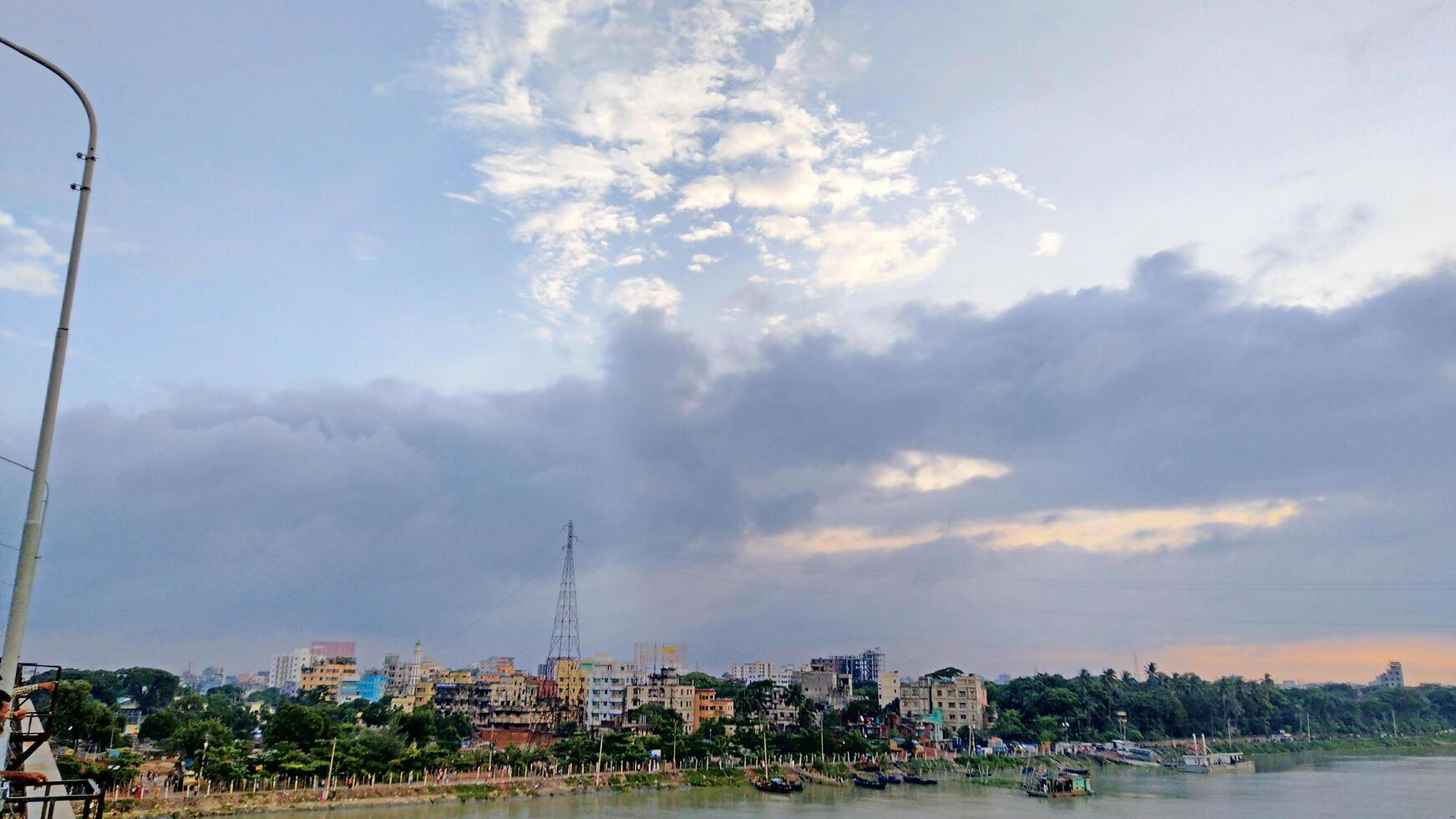 Beautiful scenery of colorful clouds reflecting in the river during sunset photo