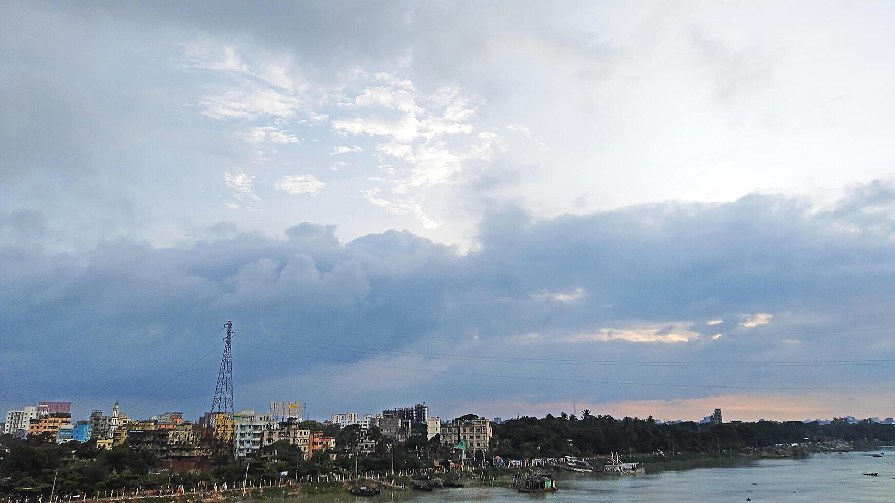 Beautiful scenery of colorful clouds reflecting in the river during sunset photo