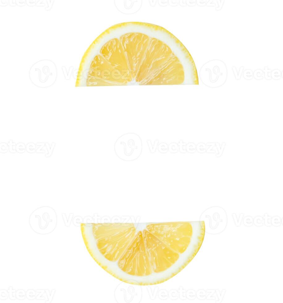 Top view set of yellow lemon slices or quarters isolated on white background with clipping path photo