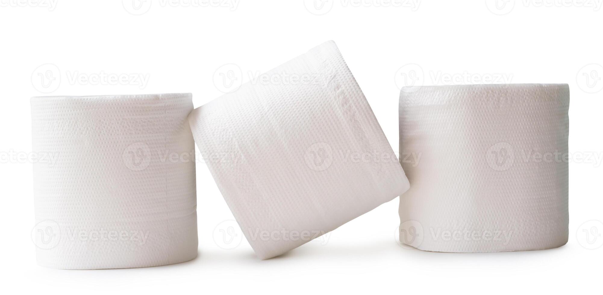 Front view of white tissue paper rolls in stack isolated on white background with clipping path photo