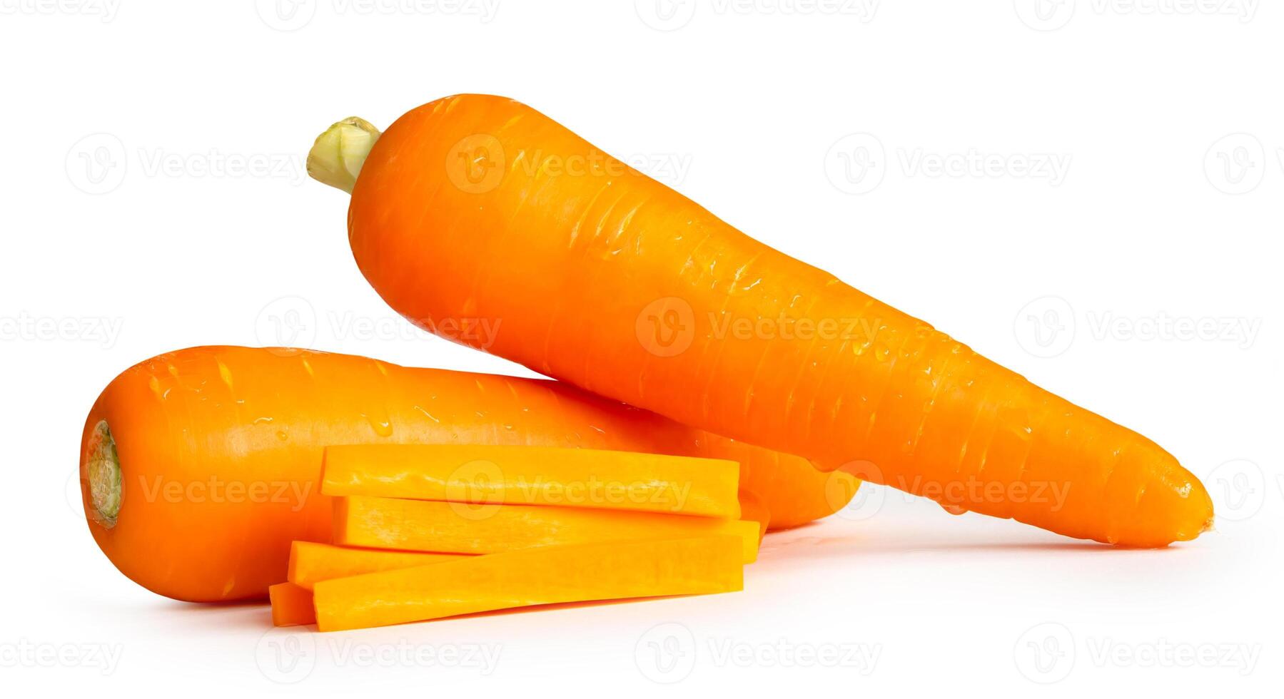 Front view of orange carrots with slices in stick shape isolated on white background with clipping path photo