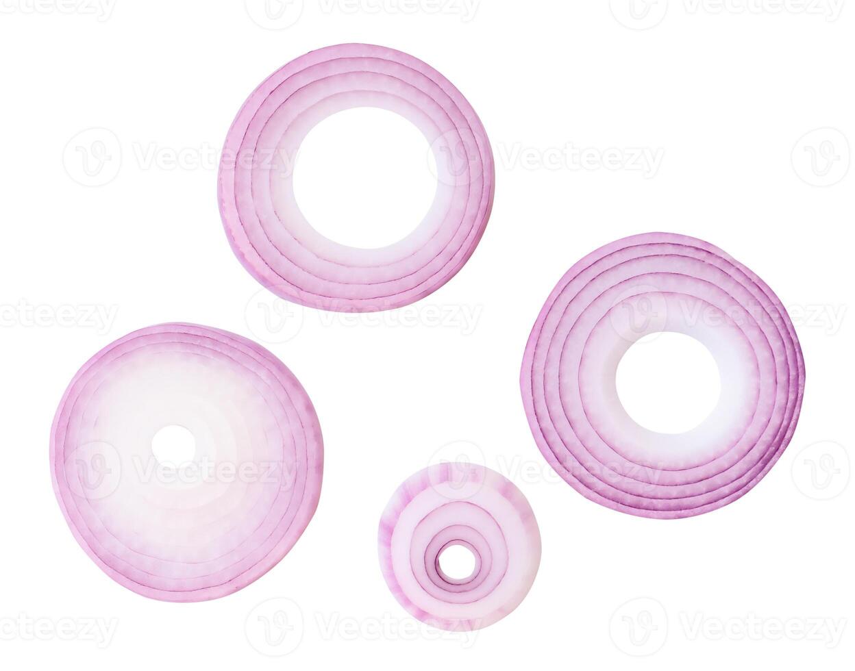 Top view set of red or purple onion slices or onion rings isolated on white background with clipping path photo