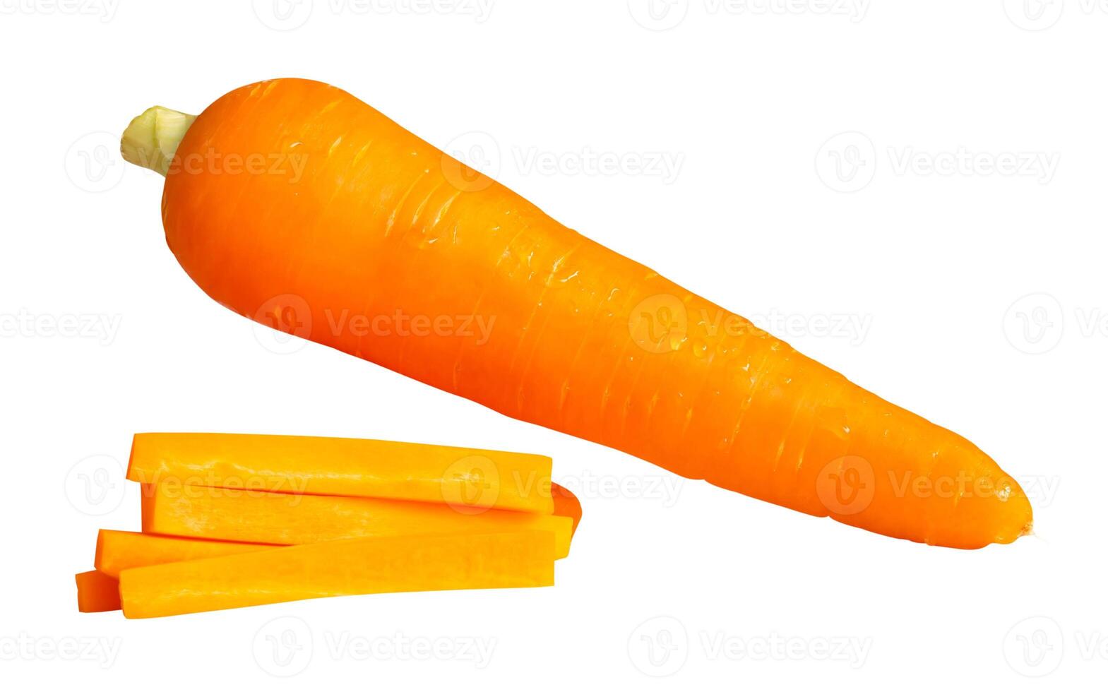 Top view set of single orange carrot with slices in stick shape isolated on white background with clipping path photo