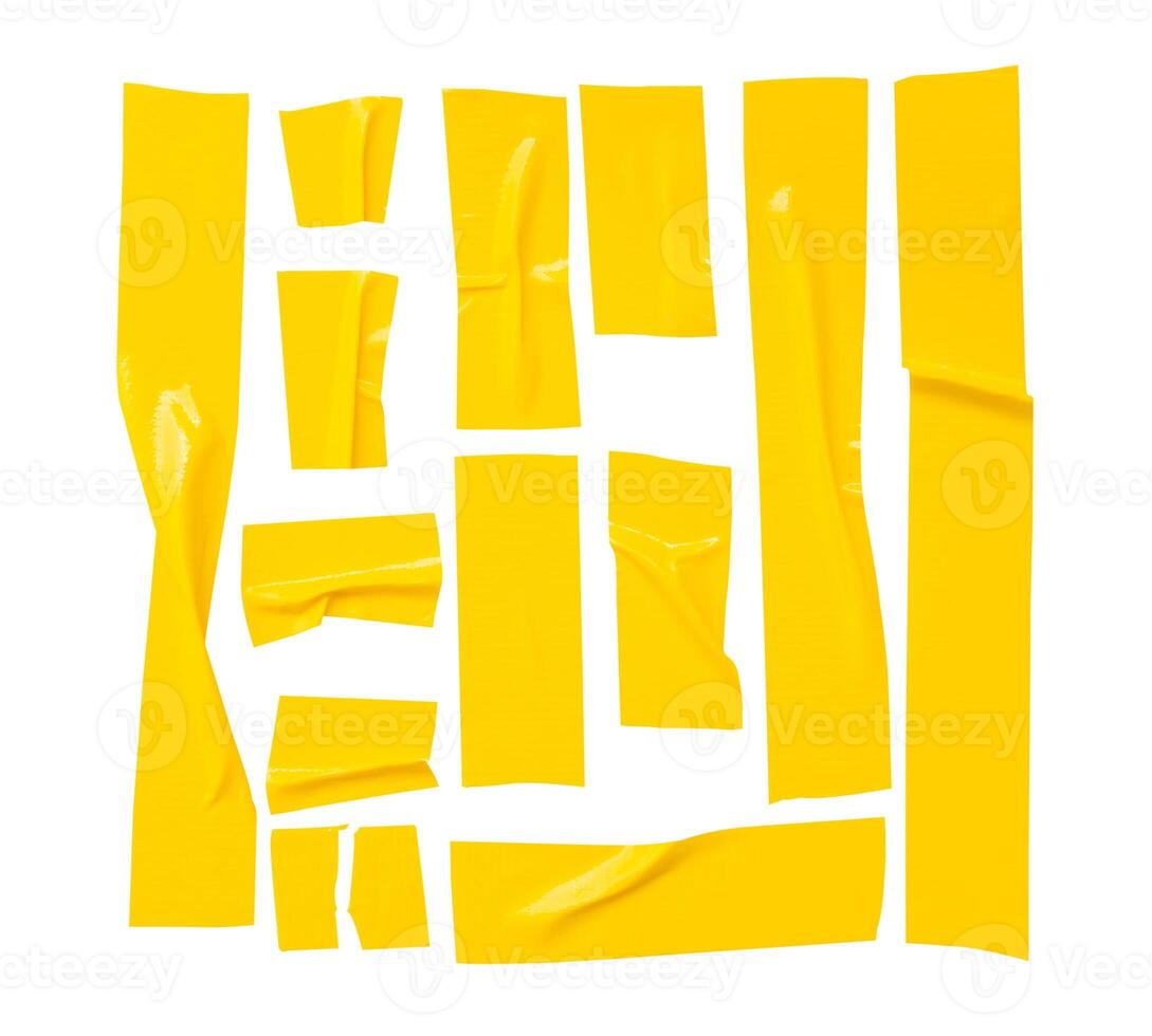 Top view set of wrinkled yellow adhesive vinyl tape or cloth tape in stripe shape isolated on white background with clipping path photo