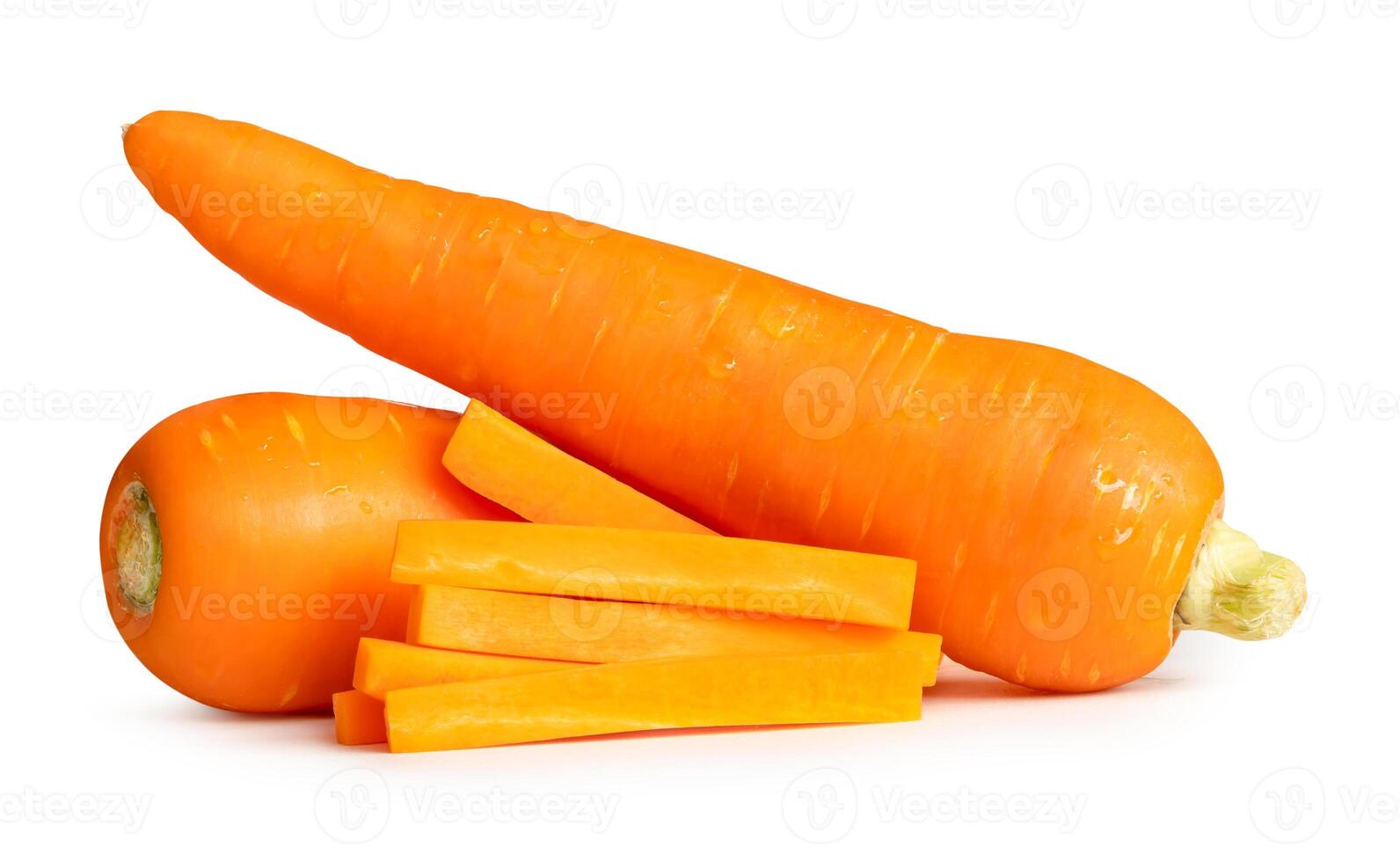 Side view of beautiful orange carrots with slices in stick shape in stack isolated on white background with clipping path photo