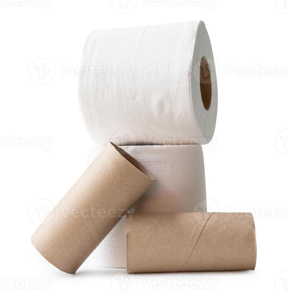 Front view of white tissue paper rolls with cores in stack isolated on white background with clipping path photo