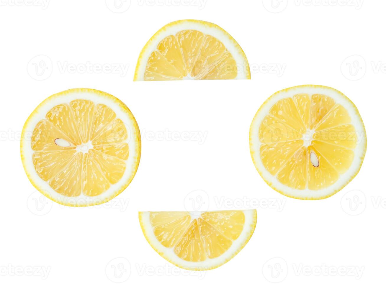 Top view set of yellow lemon halves and slices or quarter isolated on white background with clipping path photo