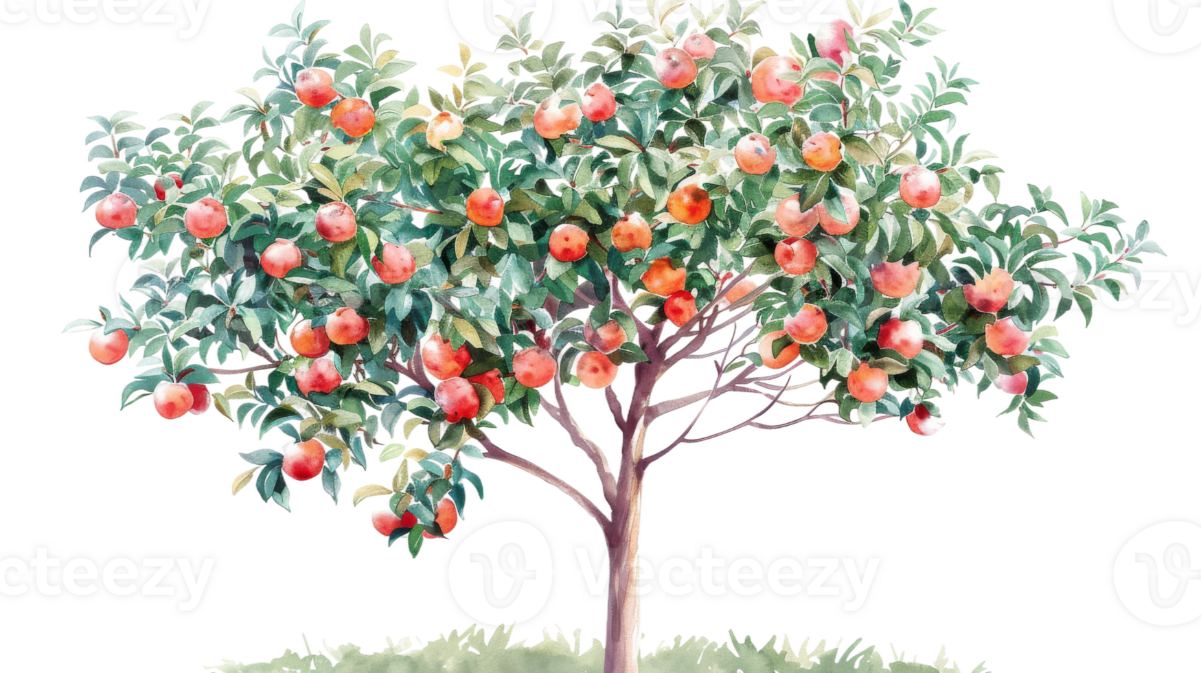 Watercolor Painting of Peach Tree on isolated Transparent background. Format png